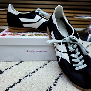 Jeffrey Campbell Black and White Sneakers with Light Blue Laces